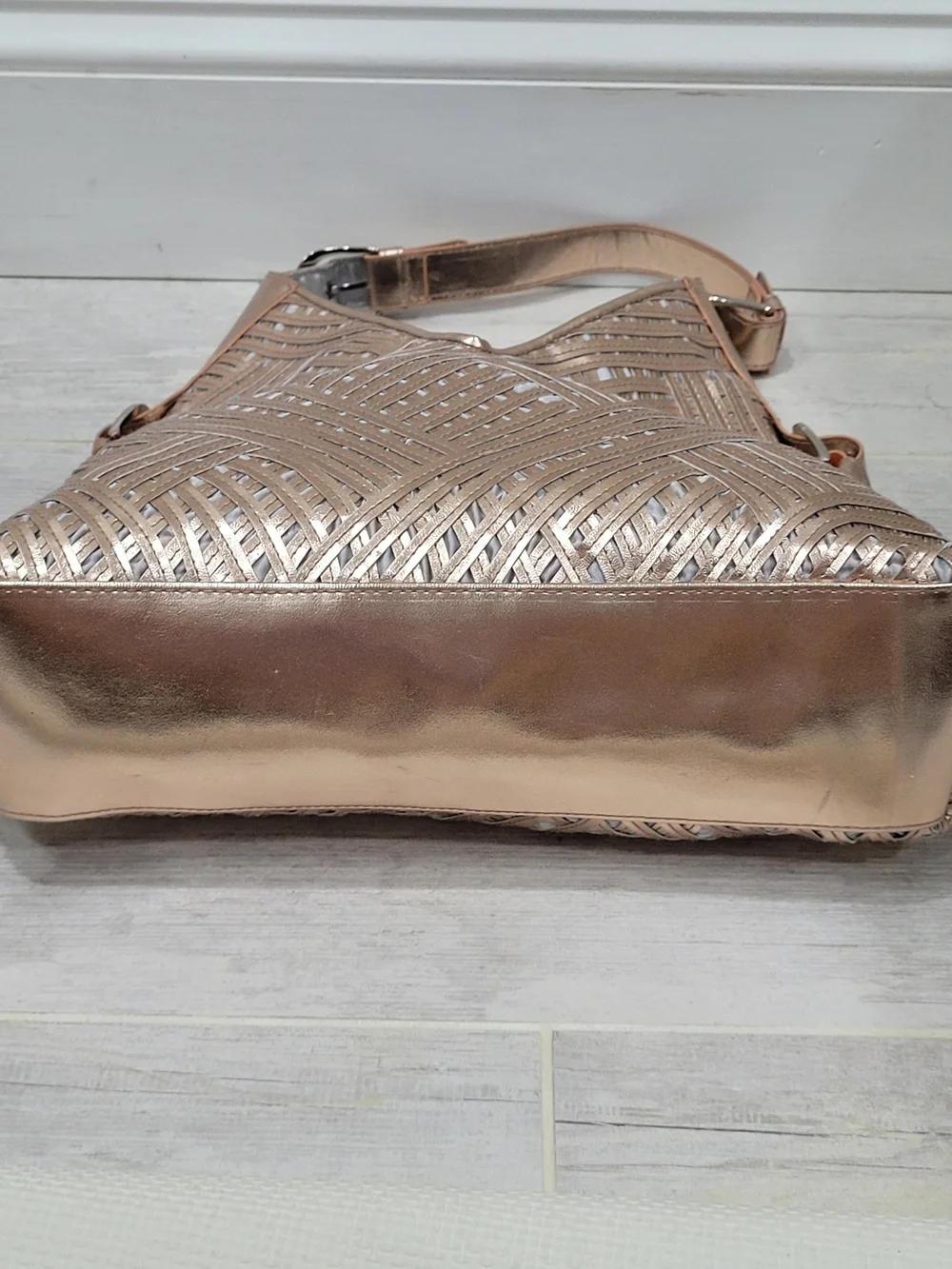 Metallic Rose Gold Woven Shoulder Hobo Bag Silvee Hardware